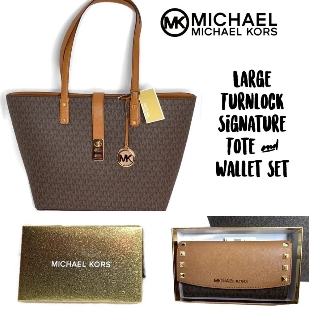 Michael Kors MK Signature Brown Leather Bag Wallet